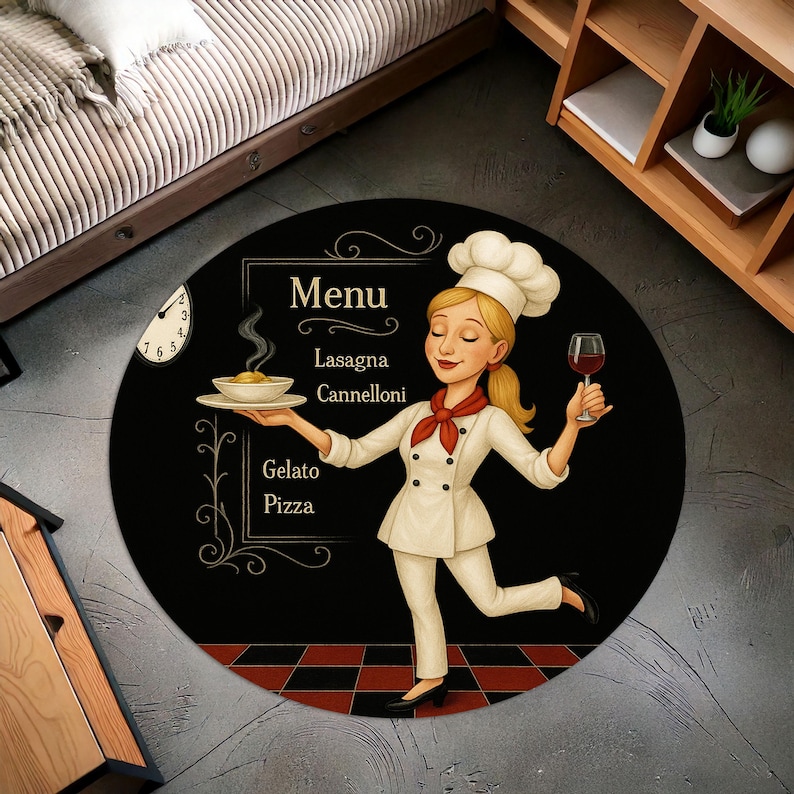 Home Cooking Menu - พรมครัวทรงกลมลายเชฟสีบลอนด์ ดีไซน์เมนูแบบเรโทร แผ่นรองทำอาหารสำหรับห้องรับประทานอาหาร ตกแต่งธีมคาเฟ่กันลื่น ของขวัญสไตล์ร้านอาหารสุดสนุก