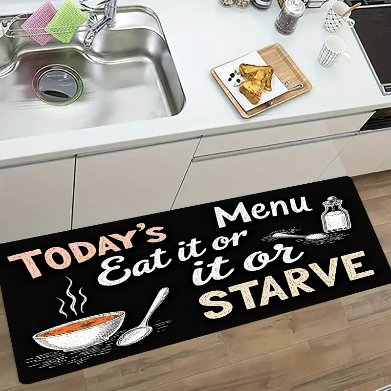 Home Cooking Menu - พรมปูพื้นลายกระดานดำสำหรับห้องครัว ลายช้อน จาน กระปุก ลายเส้นสเก็ตช์ แบบกันลื่น